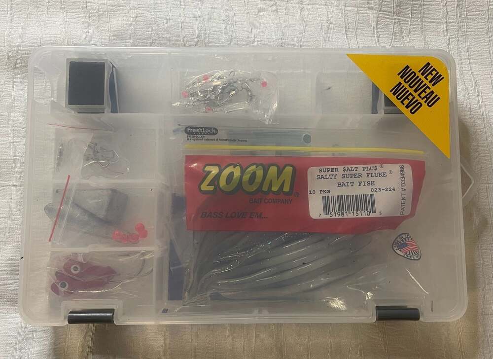 Shakespeare Catch More Fish Tackle Kit Box with Zoom Salty Super Flukes